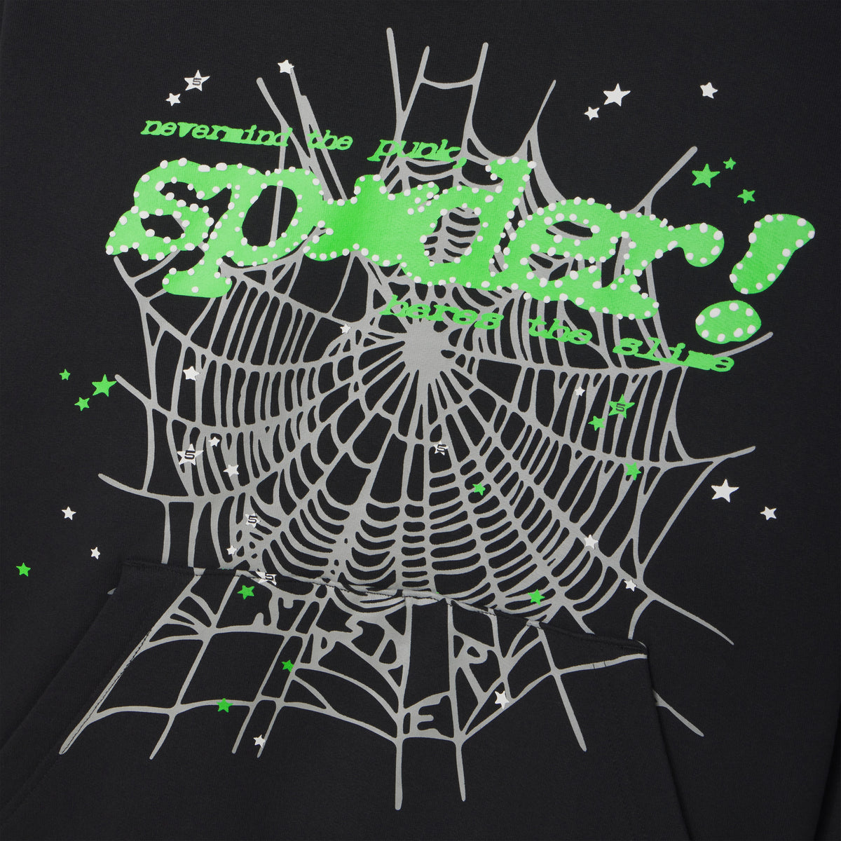 Black 100% cotton fleece hoodie featuring a green puff print SP5DER logo and grey web graphic design with scattered star accents.