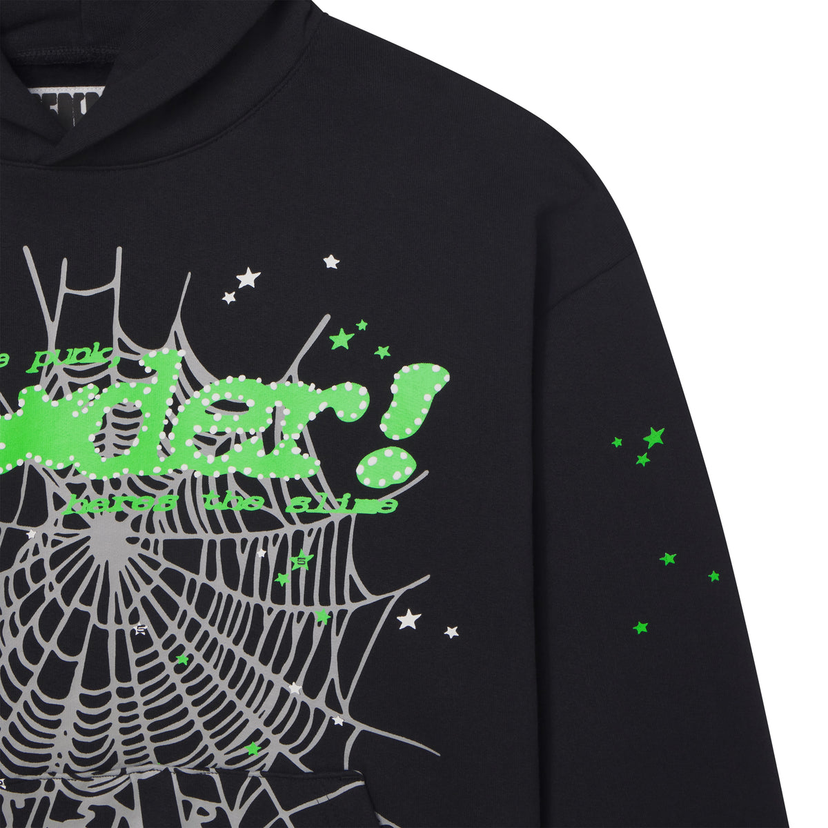 Black 100% cotton fleece hoodie featuring a green puff print spiderweb graphic and scattered star designs.