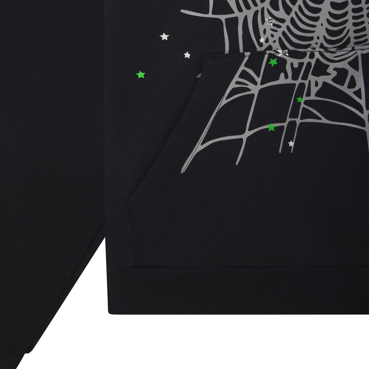 Black cotton fleece hoodie featuring a grey web graphic print, scattered tiny star details, and a front kangaroo pocket.