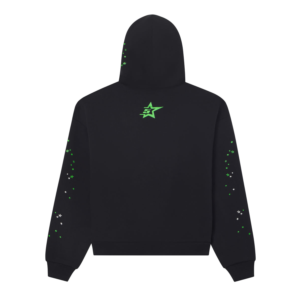 Black 13oz cotton fleece hoodie featuring a green 5-star graphic print on the back and scattered star designs on the sleeves.