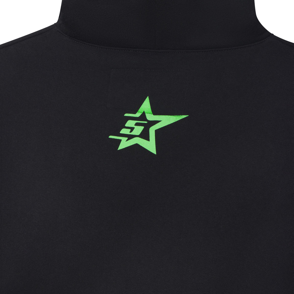 Black 13oz cotton fleece hoodie featuring a bright green 5-star graphic design on the back.