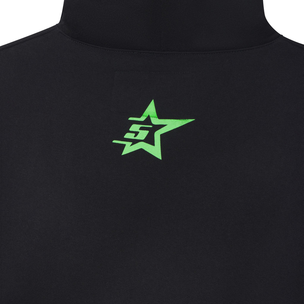 Black 13oz cotton fleece hoodie featuring a bright green 5-star graphic design on the back.