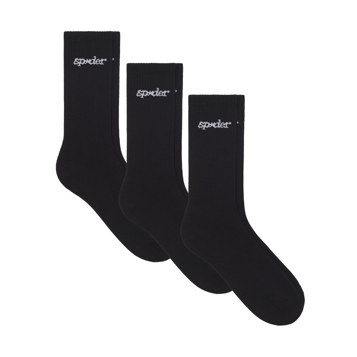 Three pairs of black knit tube socks featuring a white graphic logo design on the ribbed cuffs.