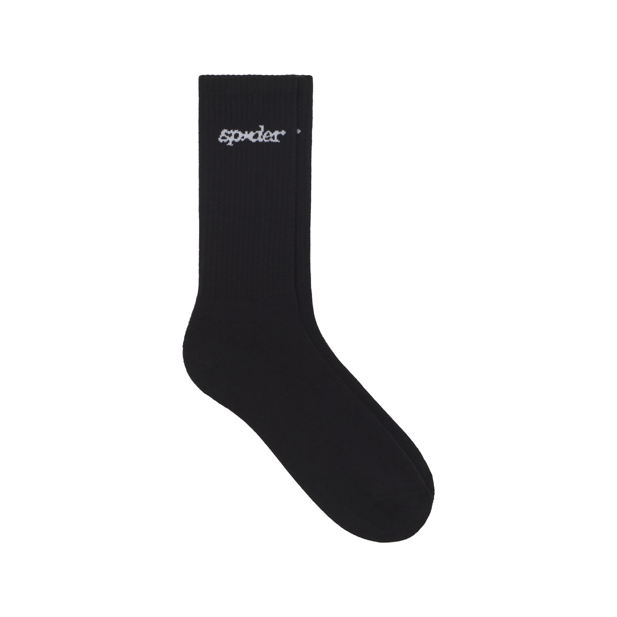 Black knit tube socks featuring a white graphic logo design on the ribbed cuff, sold in a three-pack.