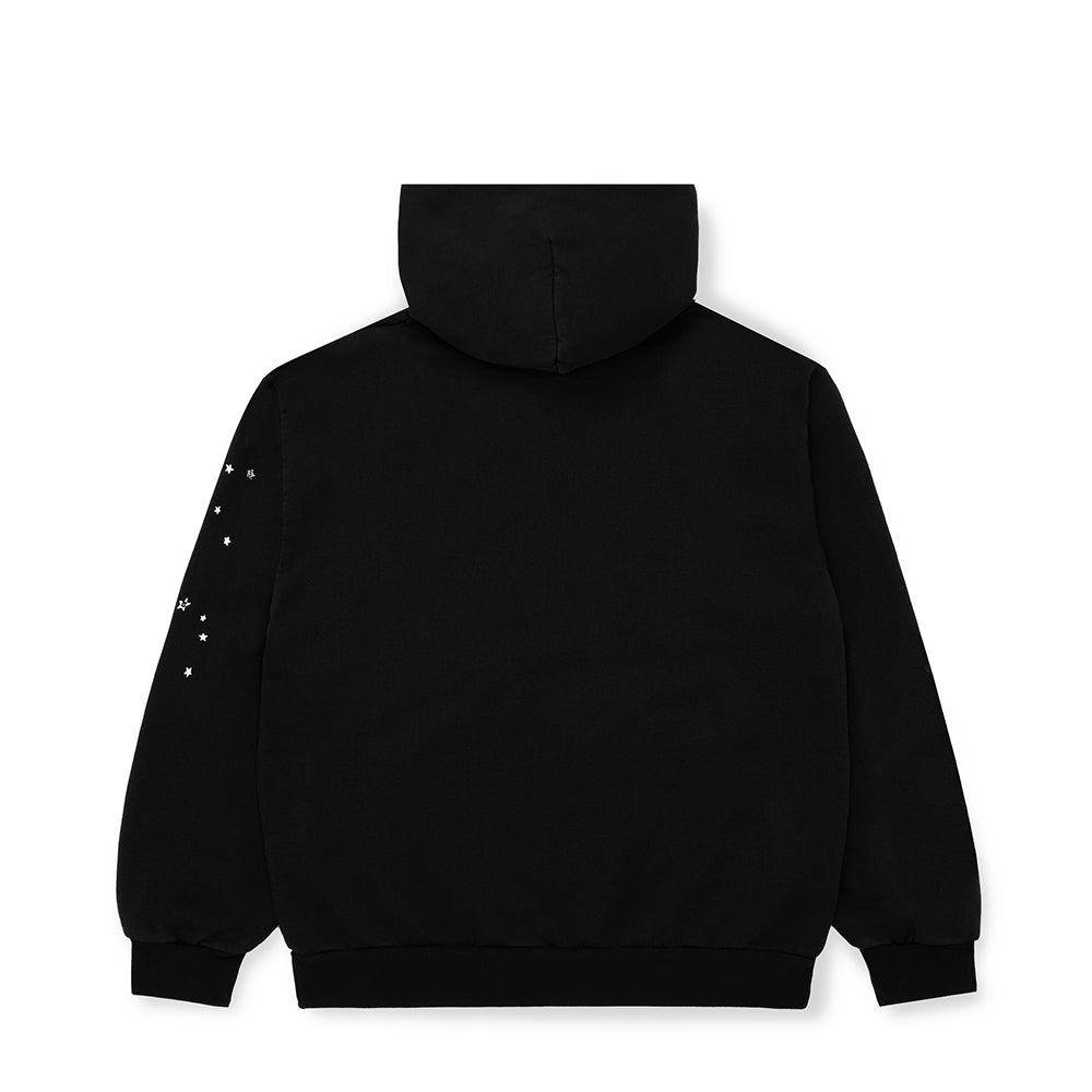 Back of a black fleece hoodie with white star prints on the left sleeve.