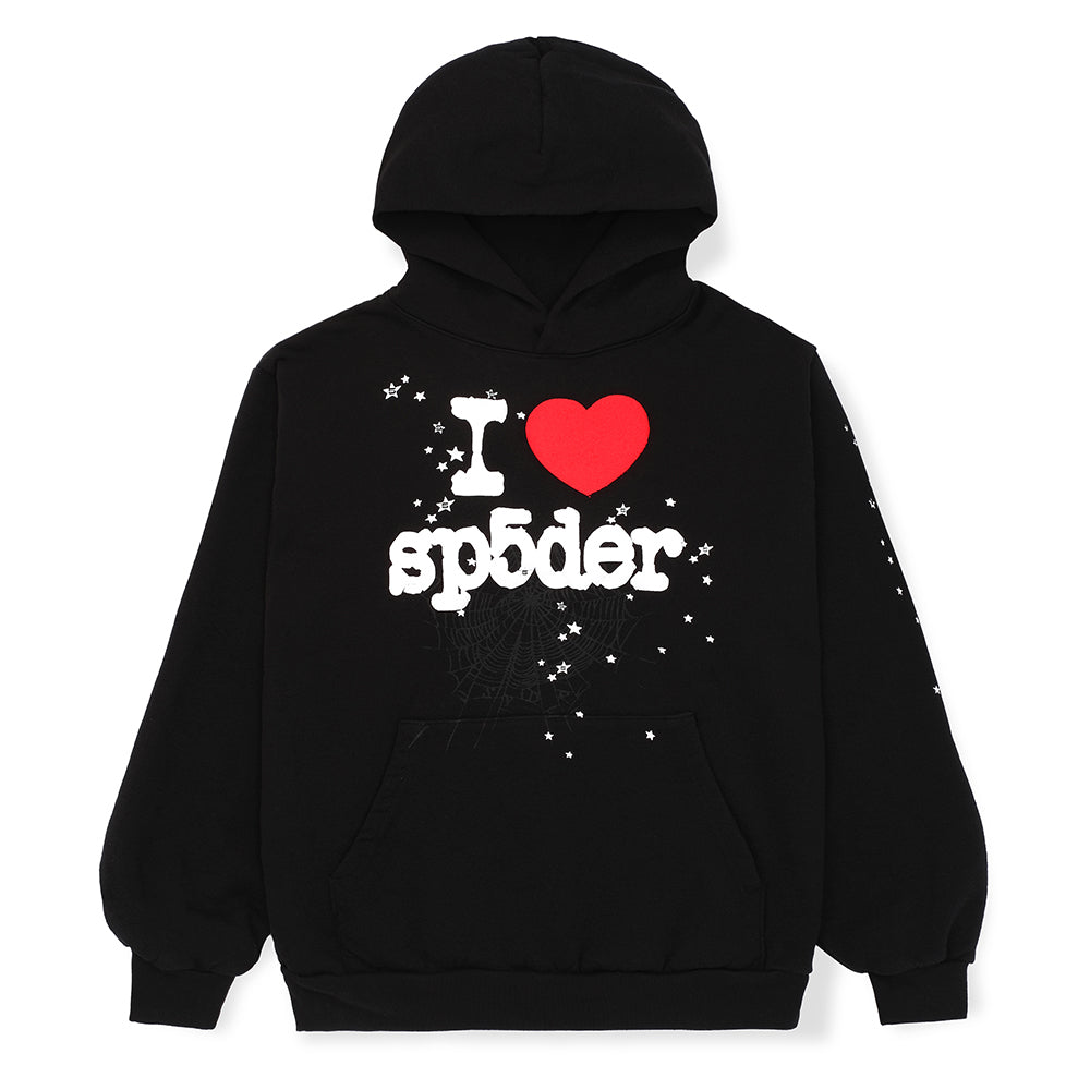 Black fleece hoodie with red heart, "I SP5DER" text, and white star/spiderweb prints.