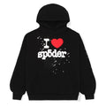 Black fleece hoodie with red heart, "I SP5DER" text, and white star/spiderweb prints.