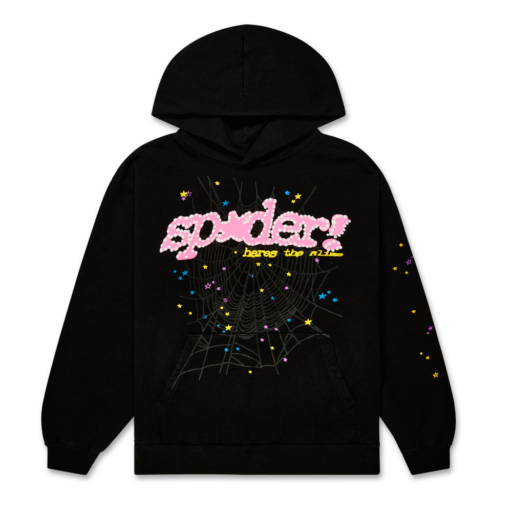Black SP5DER V2 hoodie with pink puff print logo, spider web, and colorful star graphics.