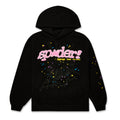 Black SP5DER V2 hoodie with pink puff print logo, spider web, and colorful star graphics.