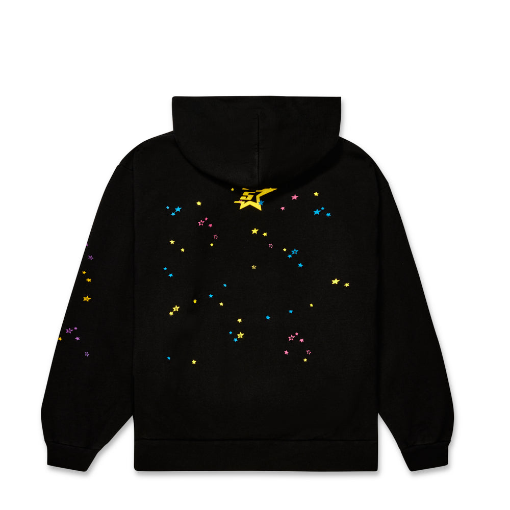 Black fleece hoodie with colorful puff print stars and yellow SP5DER motif on the back.