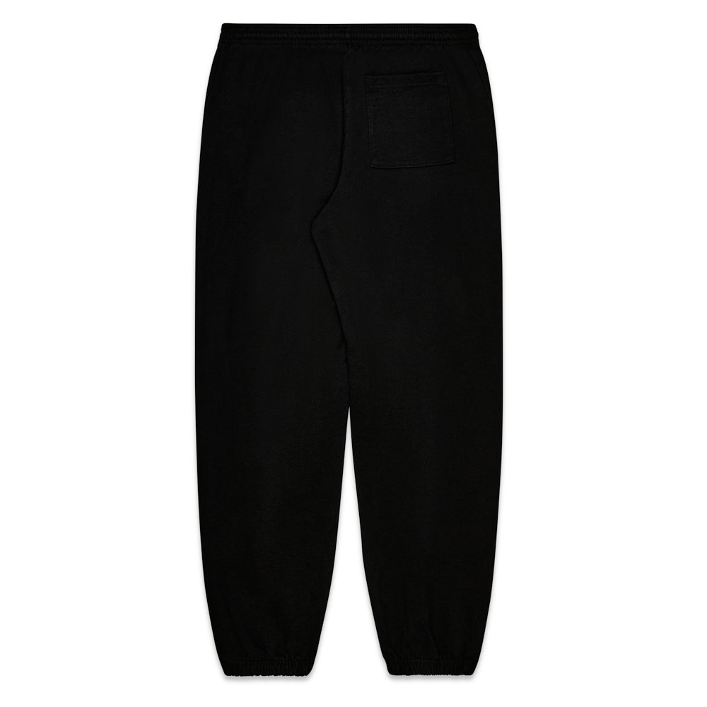 Black fleece sweatpants with a back pocket, SP5DER motif, and star prints.