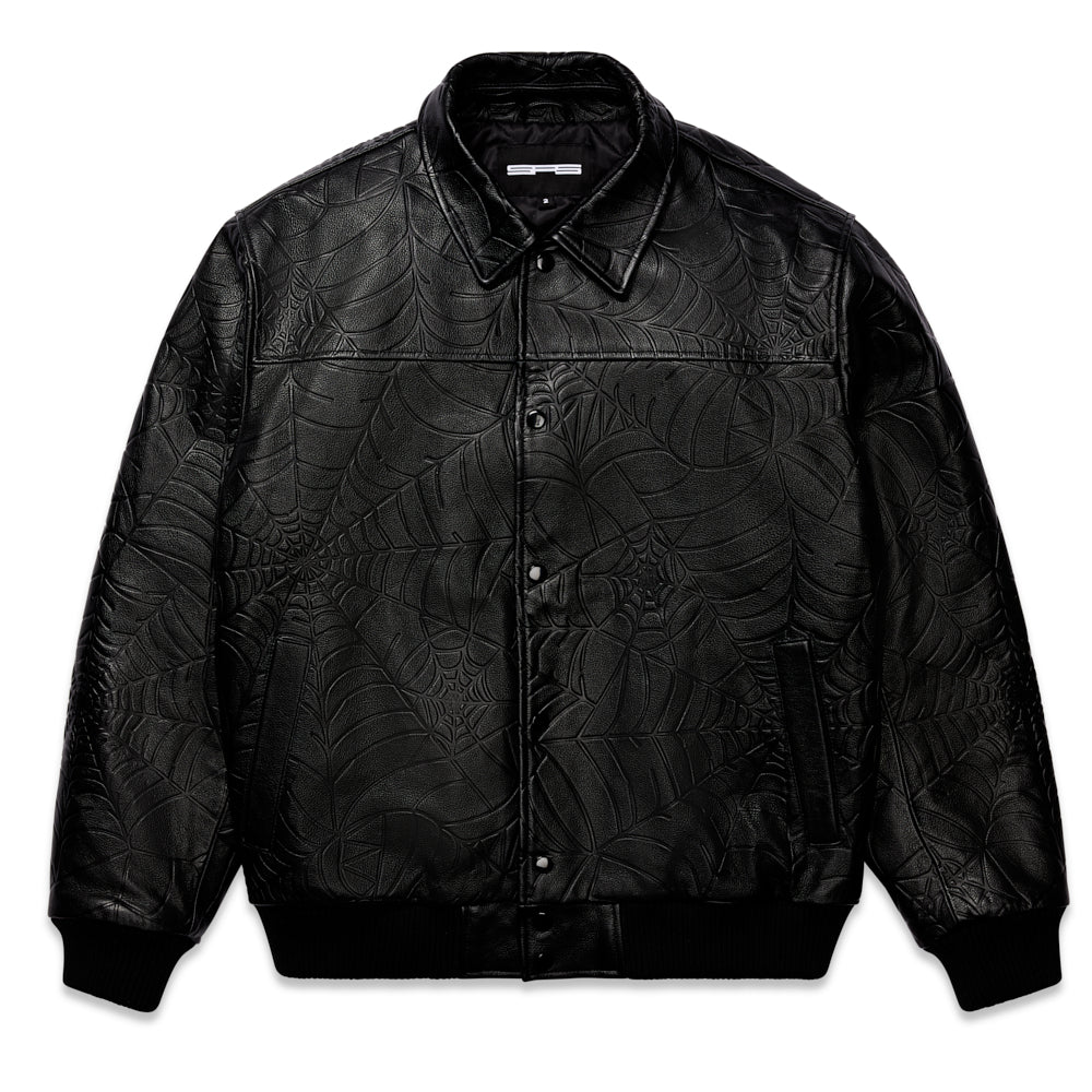 Black cowskin leather jacket with debossed web design, spread collar, and ribbed cuffs.
