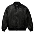 Black cowskin leather jacket with debossed web design, spread collar, and ribbed cuffs.