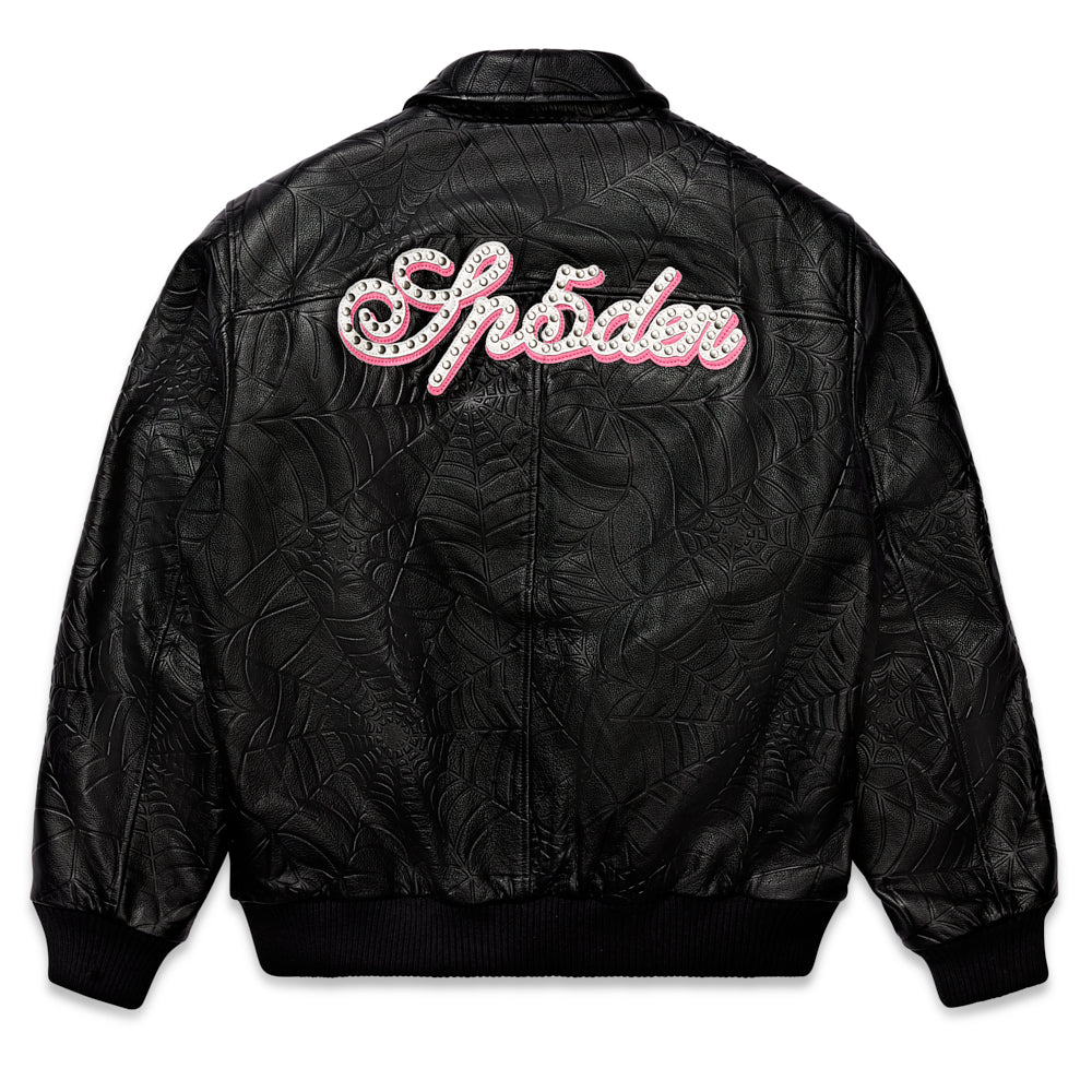 Black cowskin leather jacket with debossed web design and pink studded "Sp5der" text on back.