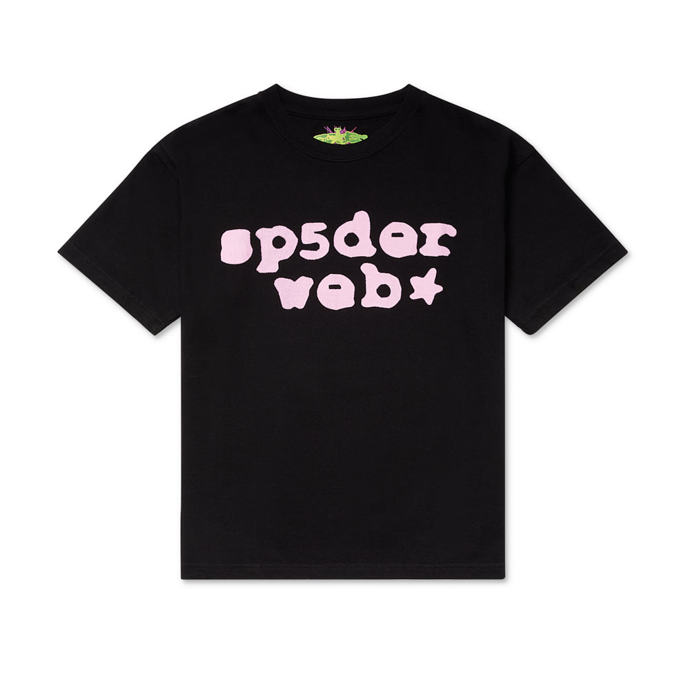 Black 100% cotton SP5DER WEB tee with pink graphic print on front, standard fit.