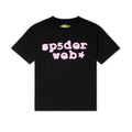 Black 100% cotton SP5DER WEB tee with pink graphic print on front, standard fit.
