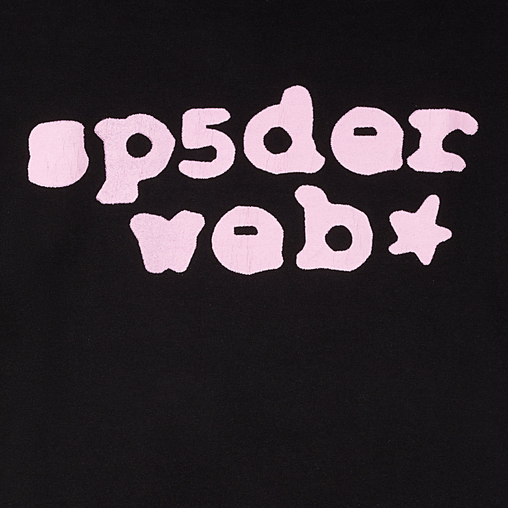 Black cotton tee with "SP5DER WEB" graphic in light pink, featuring a star detail.