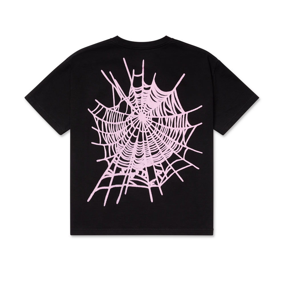 Black 100% cotton tee with a large pink spider web graphic on the back.