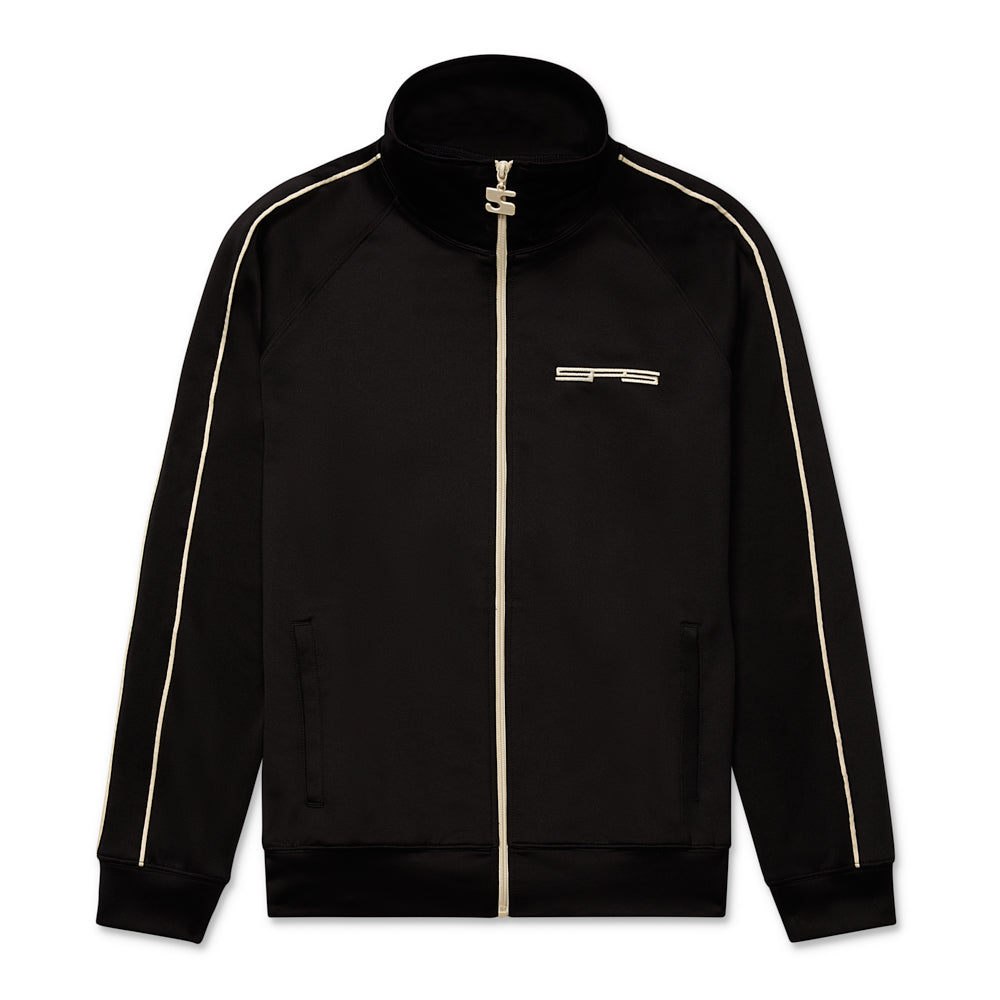 Black poly blend track jacket with full zip, SP5 logo, and cream stripes.