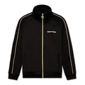 Black poly blend track jacket with full zip, SP5 logo, and cream stripes.