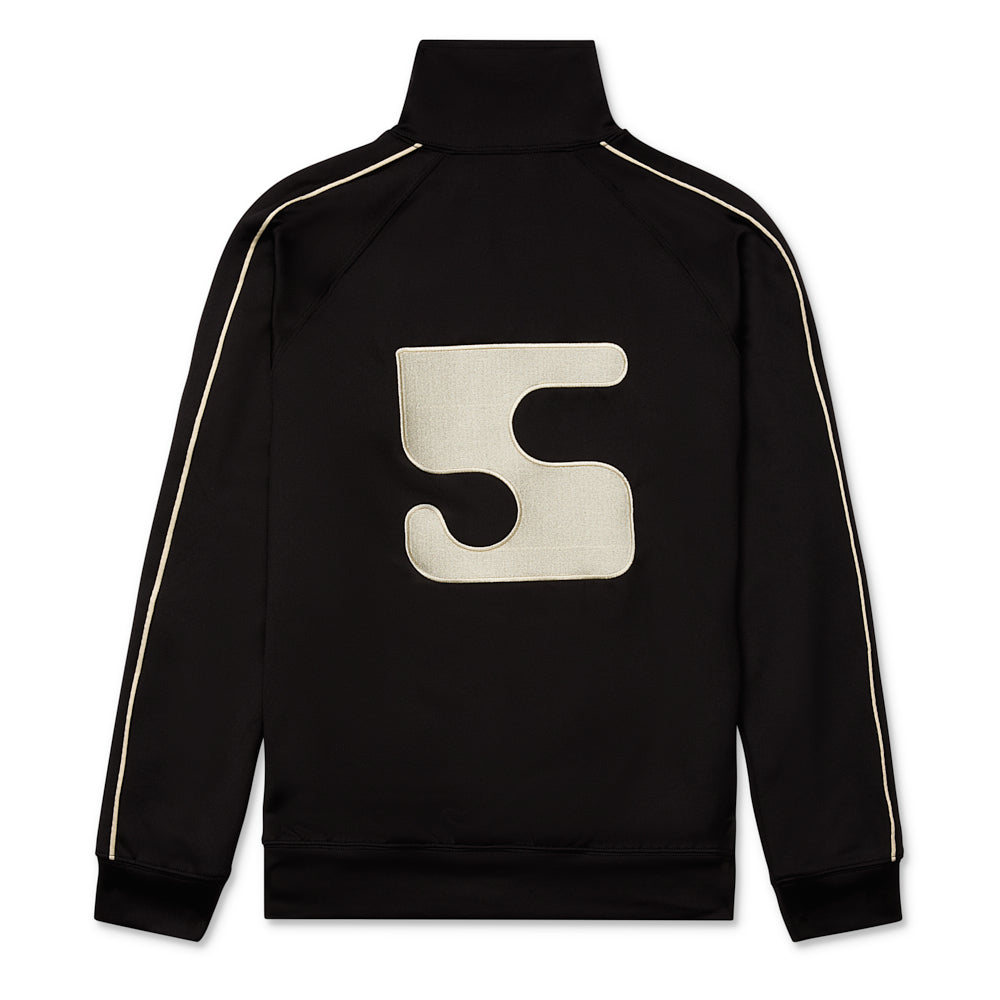 Black poly blend G550 track jacket with a large cream '5' patch on the back and cream piping.