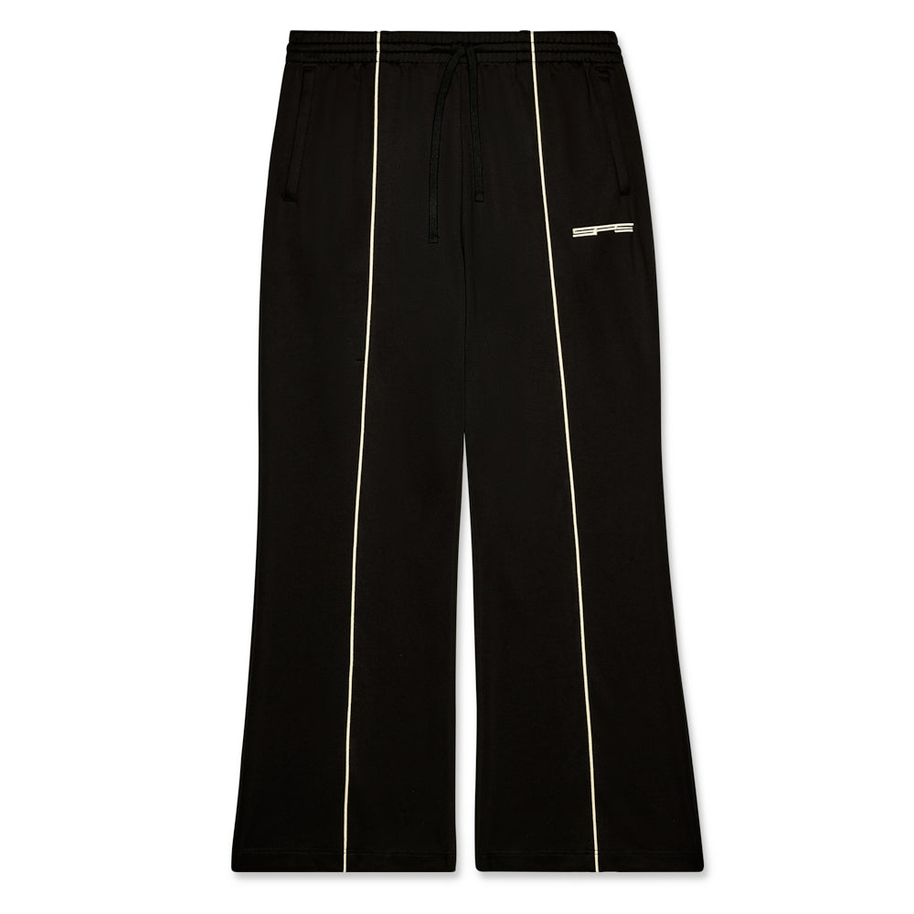 Black poly blend G550 track pant with elastic waist, contrast piping, SP5 logo, and wide leg.