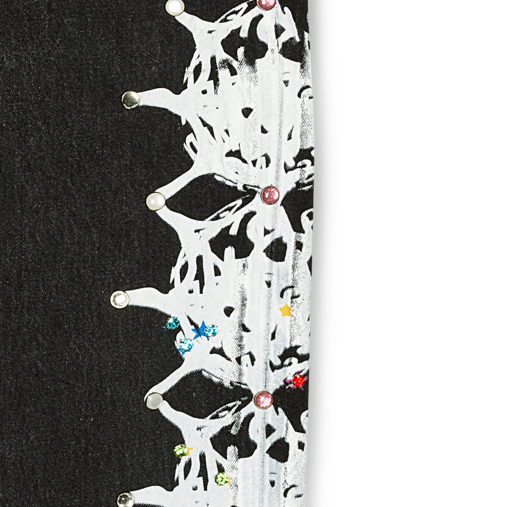 Black vintage denim with white web design, silver studs, and colorful rhinestone embellishments.