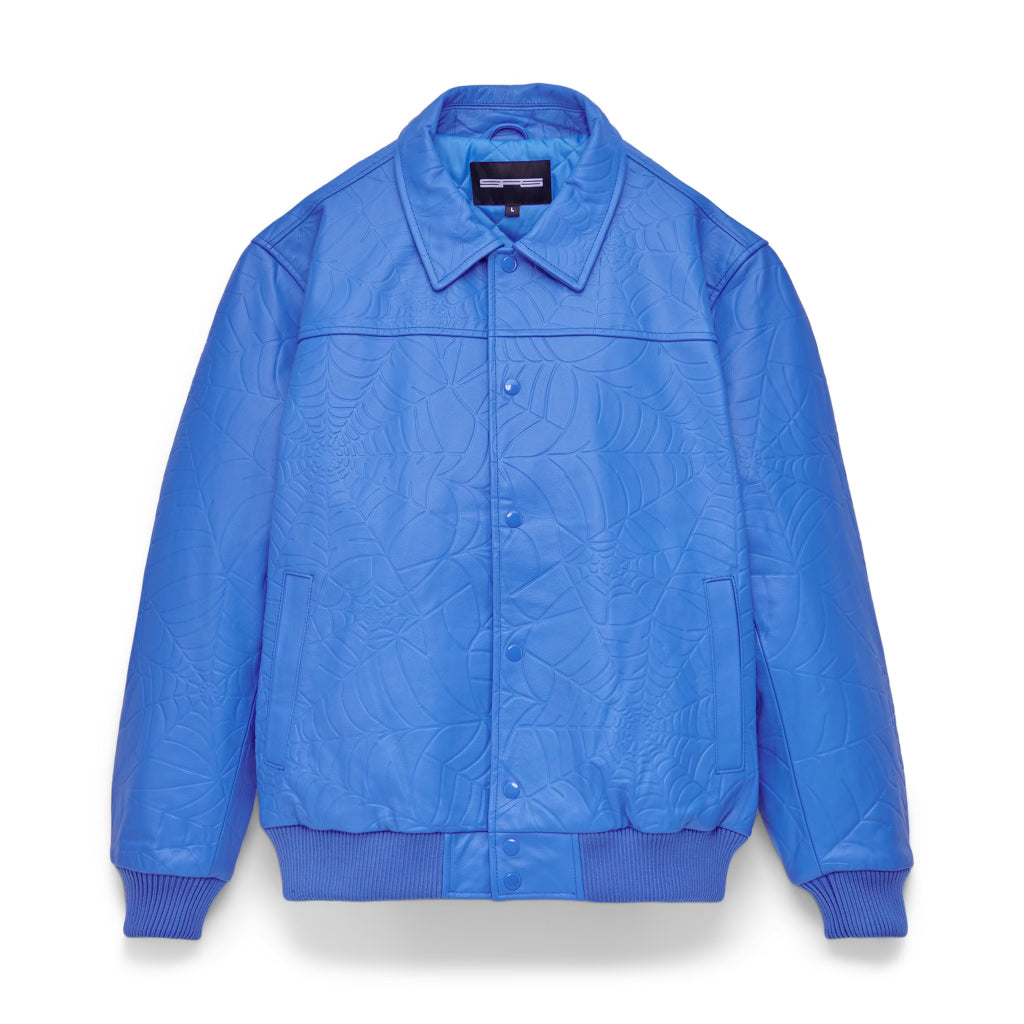 Blue cowskin leather jacket with debossed web design, spread collar, and press-stud closure.