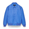 Blue cowskin leather jacket with debossed web design, spread collar, and press-stud closure.
