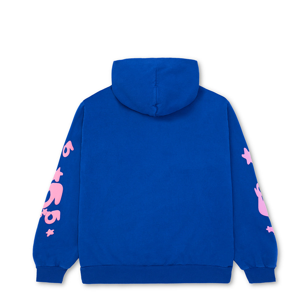 Back view of a blue fleece hoodie with pink puff and discharge print designs on both sleeves.