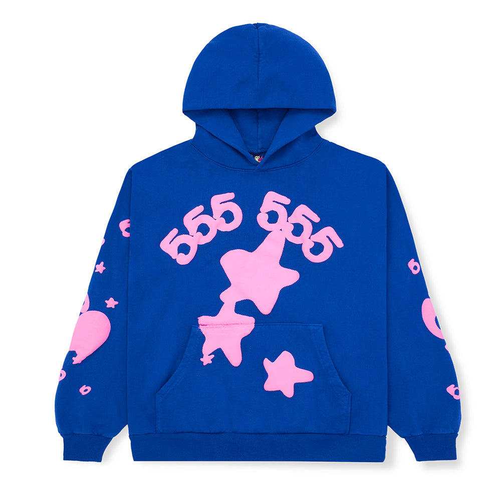 Blue Beluga Hoodie with pink puff print '555' and star designs on front and sleeves.