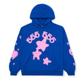 Blue Beluga Hoodie with pink puff print '555' and star designs on front and sleeves.