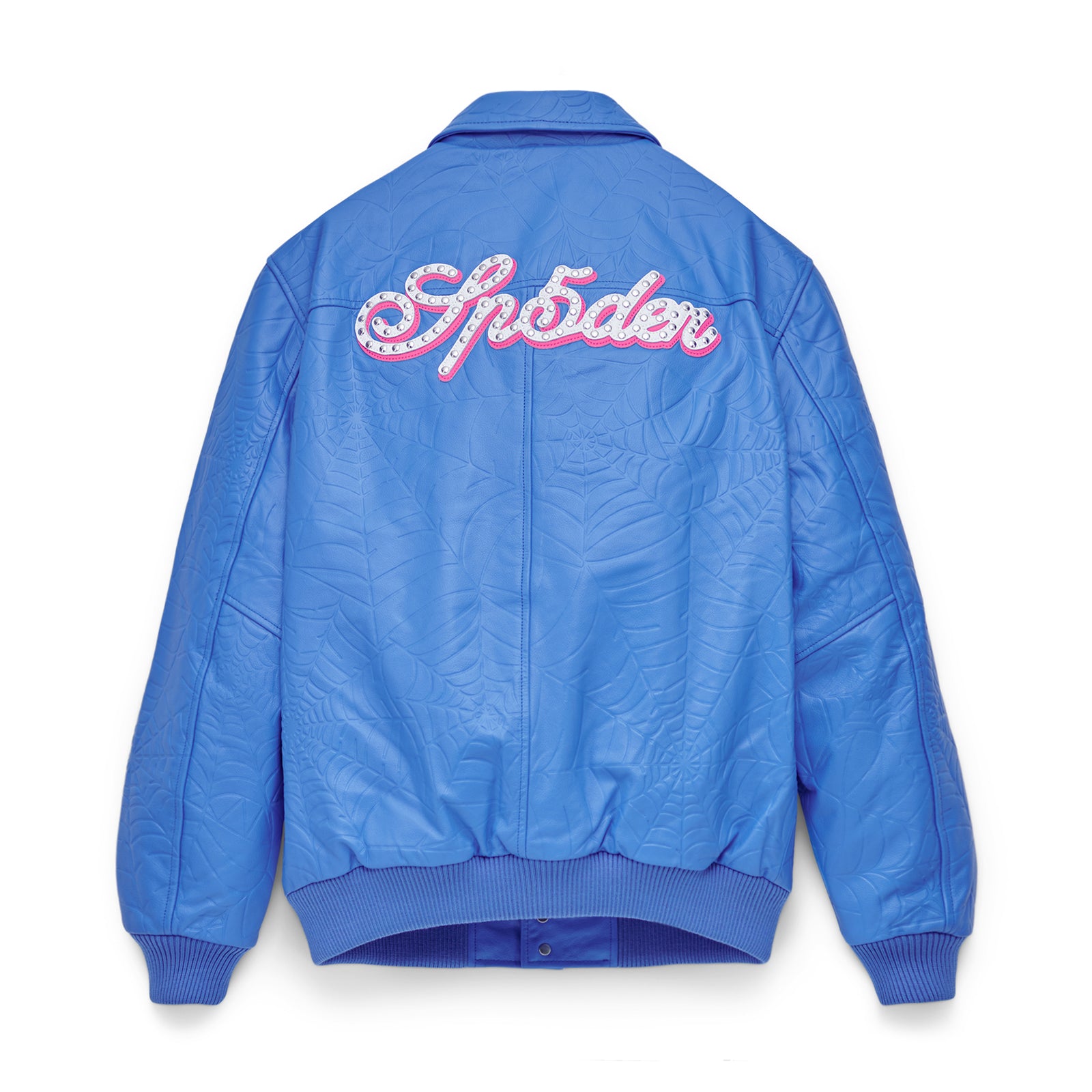 Blue cowskin leather jacket with debossed web design and pink "Sp5der" studded text on back.