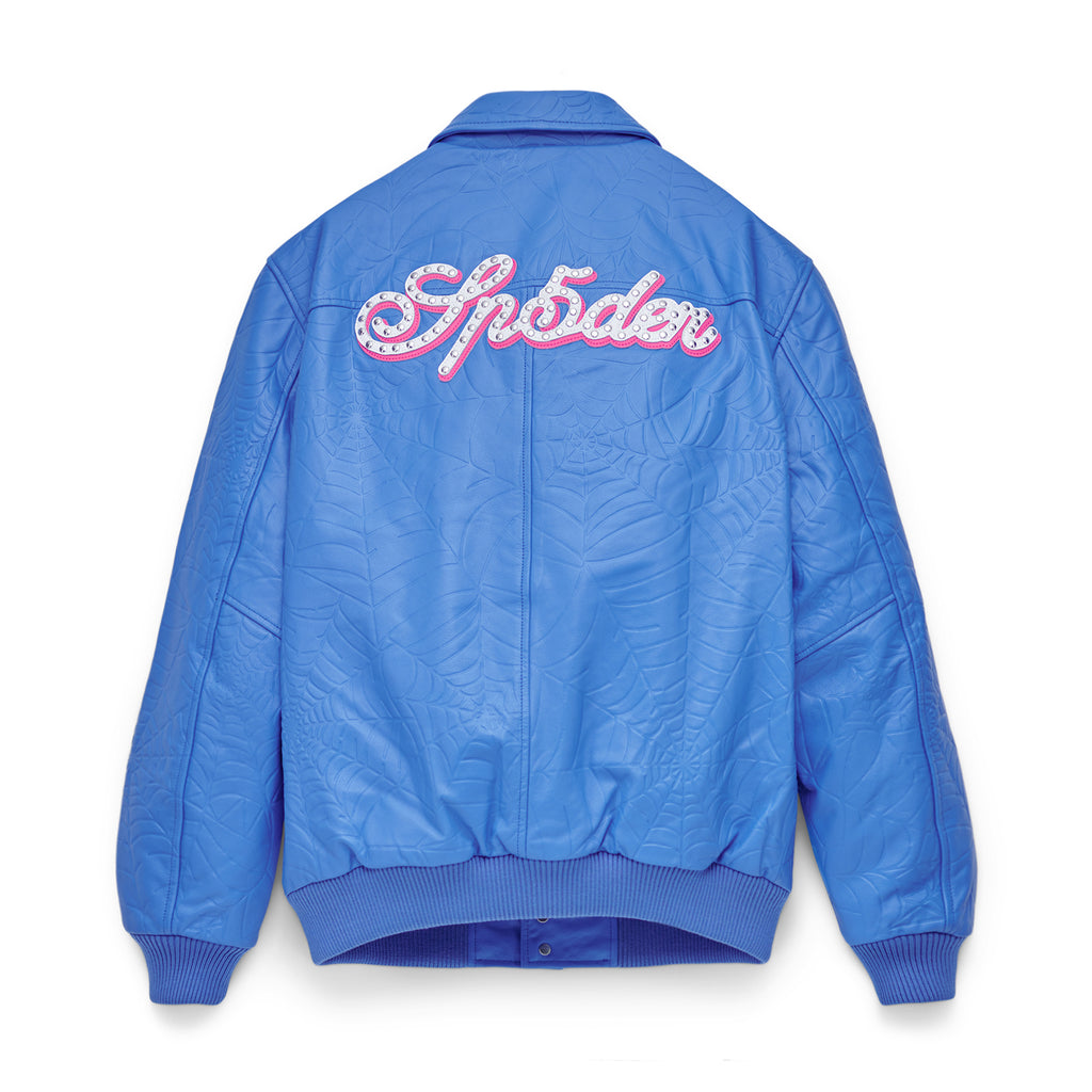Blue cowskin leather jacket with debossed web design and pink "Sp5der" studded text on back.