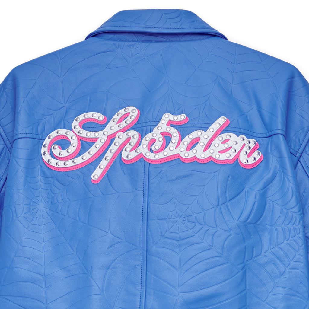 Blue cowskin leather jacket with debossed web design and studded "Spider" text on the back.