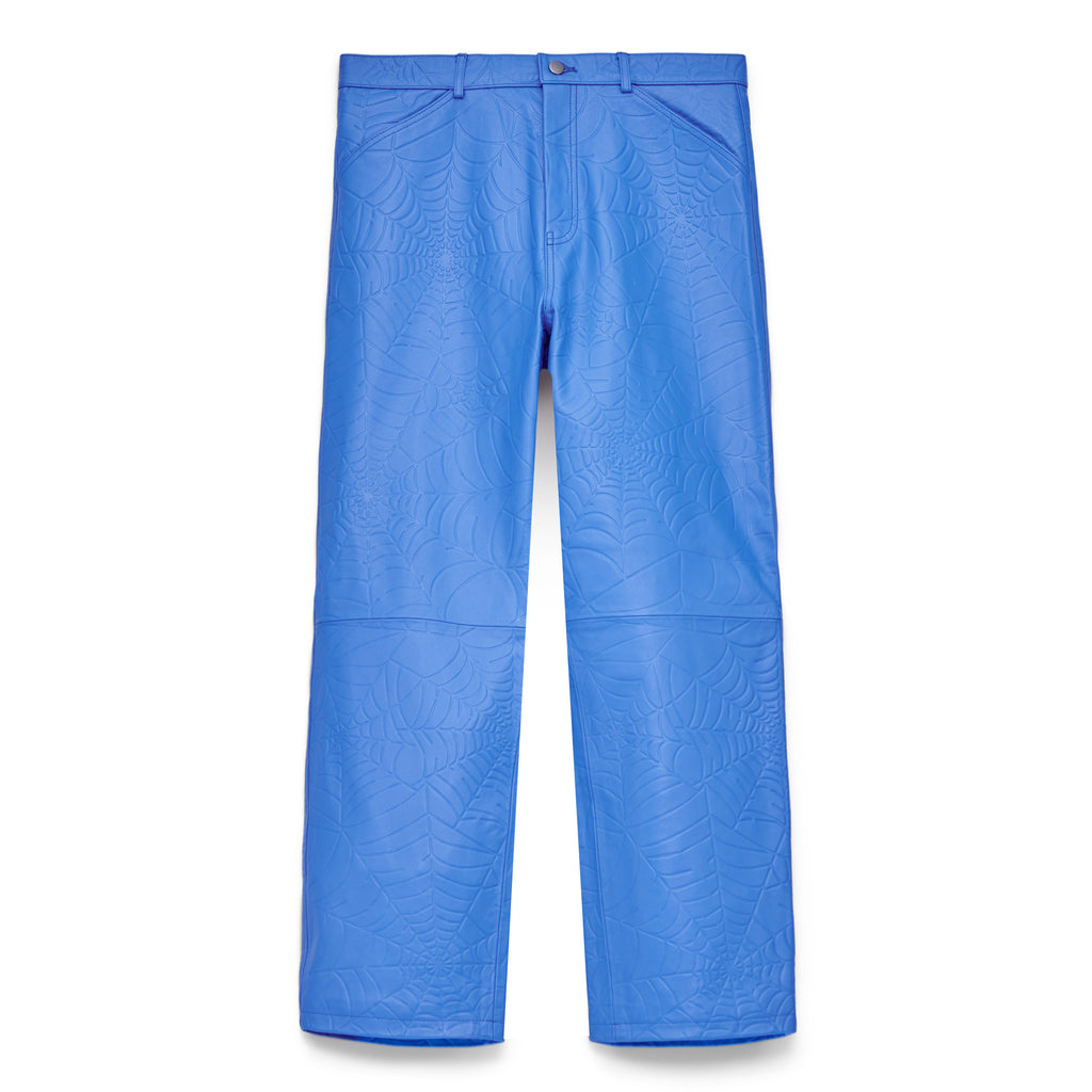 Blue debossed web cowskin leather pants with four pockets, button fly, and belt loops.