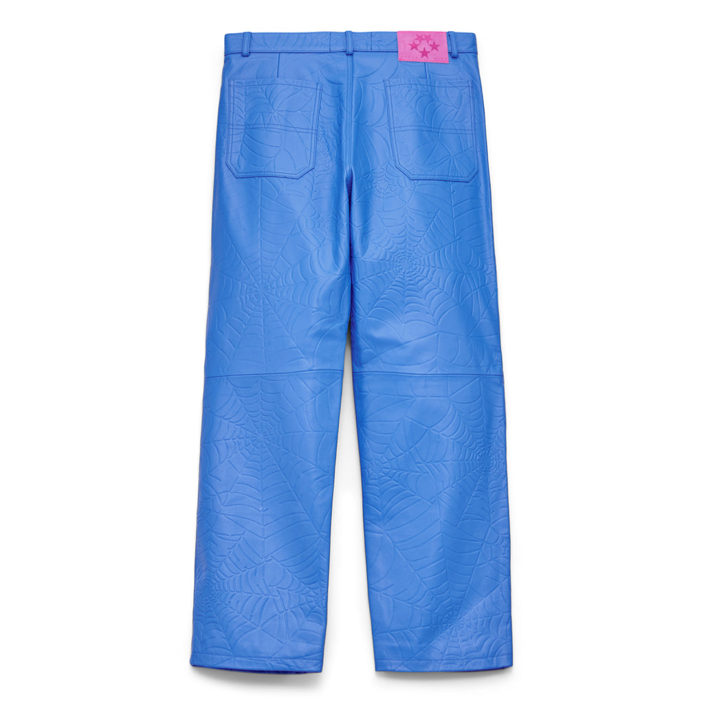 Blue cowskin leather pants with debossed web design and pink suede logo patch.