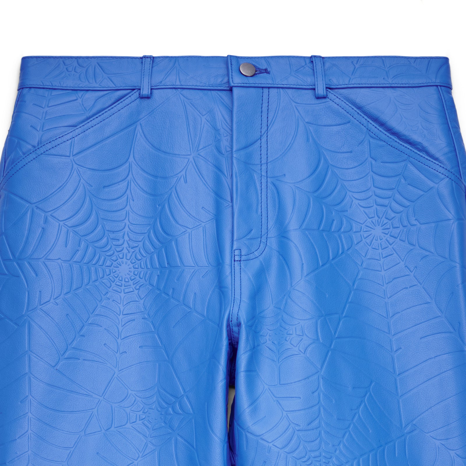 Blue cowskin leather pants with debossed web design, button fly, and belt loops.