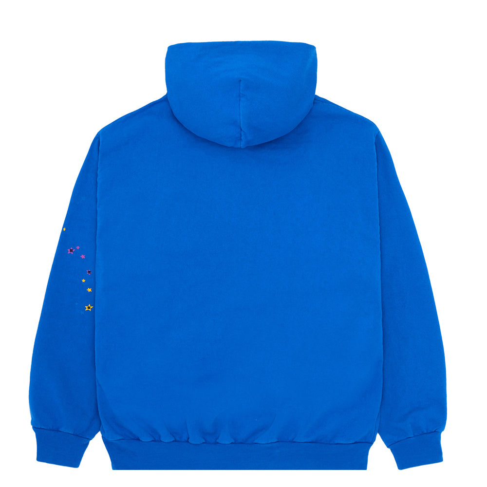 Back of a blue fleece hoodie with colorful star prints on the left sleeve.