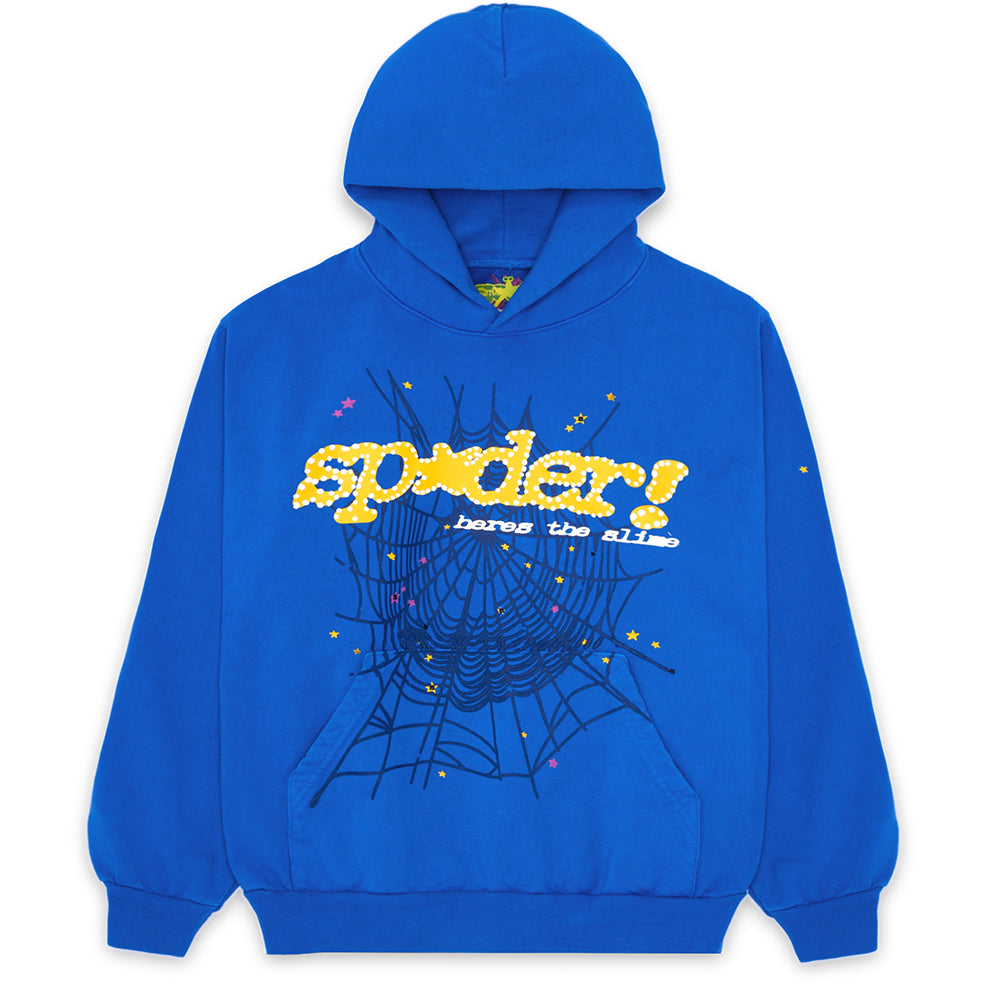 TC BLUE HOODIE: Blue fleece hoodie with yellow "SP5DER!" puff print, spider web, and star designs.
