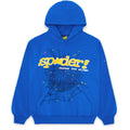 TC BLUE HOODIE: Blue fleece hoodie with yellow "SP5DER!" puff print, spider web, and star designs.