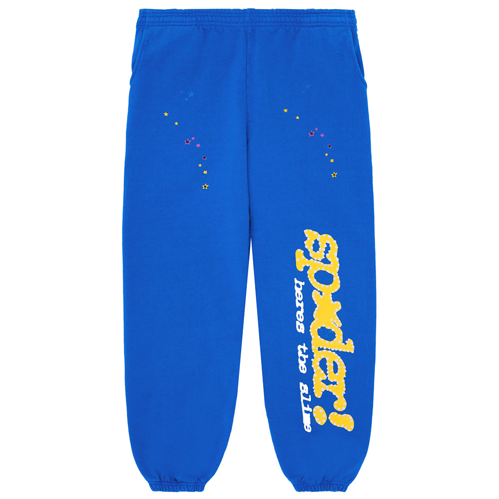 TC BLUE SWEATPANT, 23oz fleece with yellow "SP5DER!" text and star print down the leg.