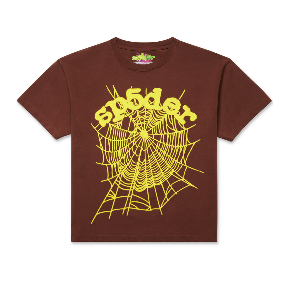 Brown 100% cotton standard fit tee with a yellow OG web print on the front.
