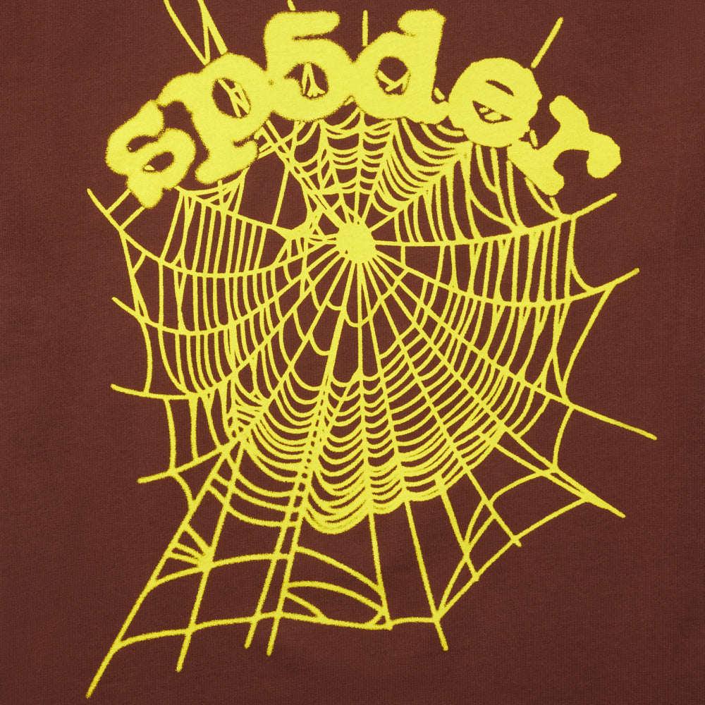 Brown 100% cotton tee with bright yellow "sp5der" text and large OG web print.