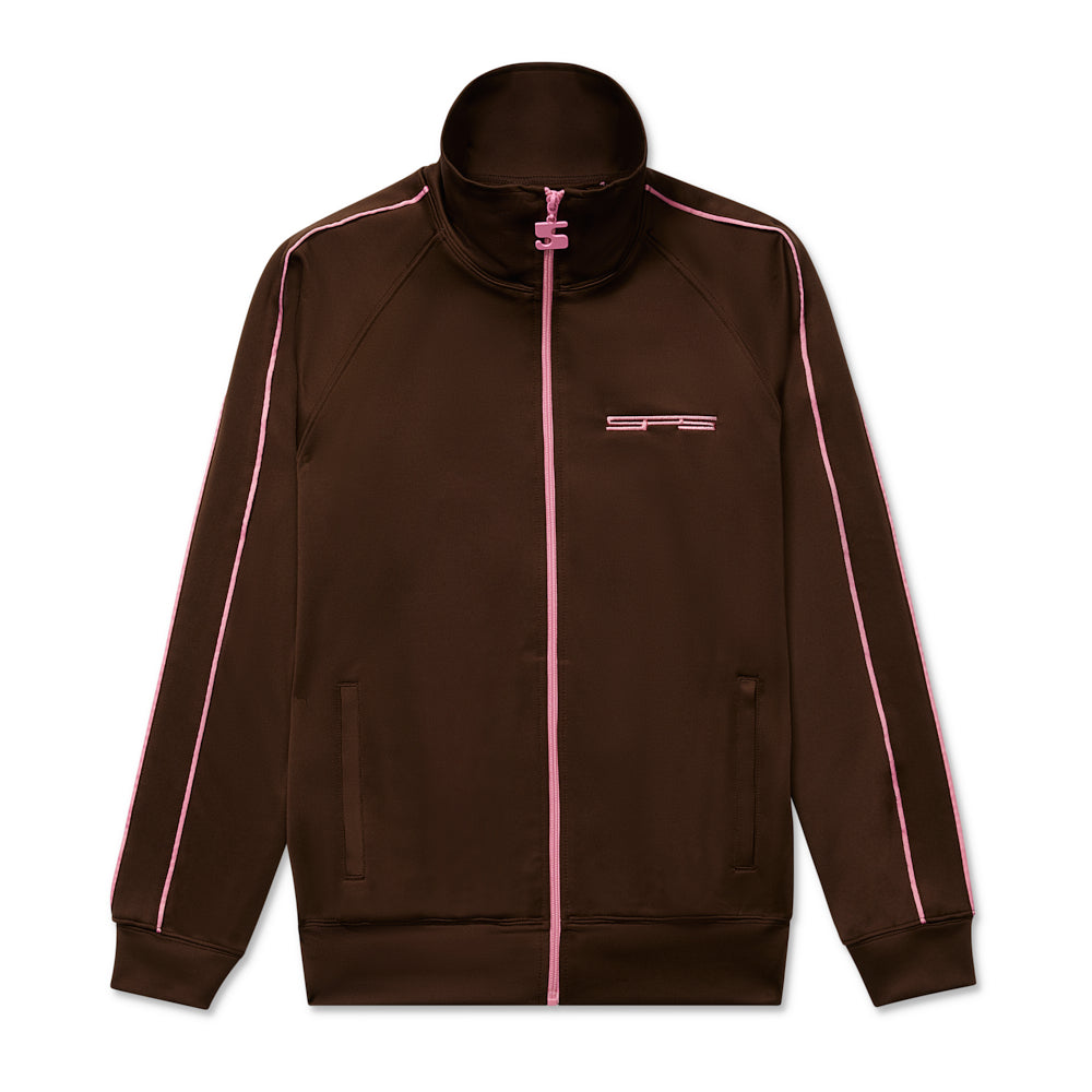 Brown poly blend G550 track jacket with pink stripes, SP5 logo, and zipper charm.