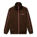 Brown poly blend G550 track jacket with pink stripes, SP5 logo, and zipper charm.
