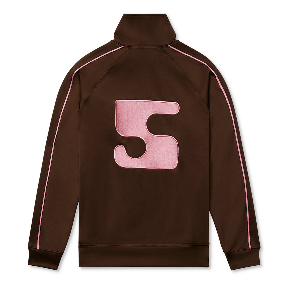 Brown poly blend track jacket with pink "5" patch on back and pink piping.