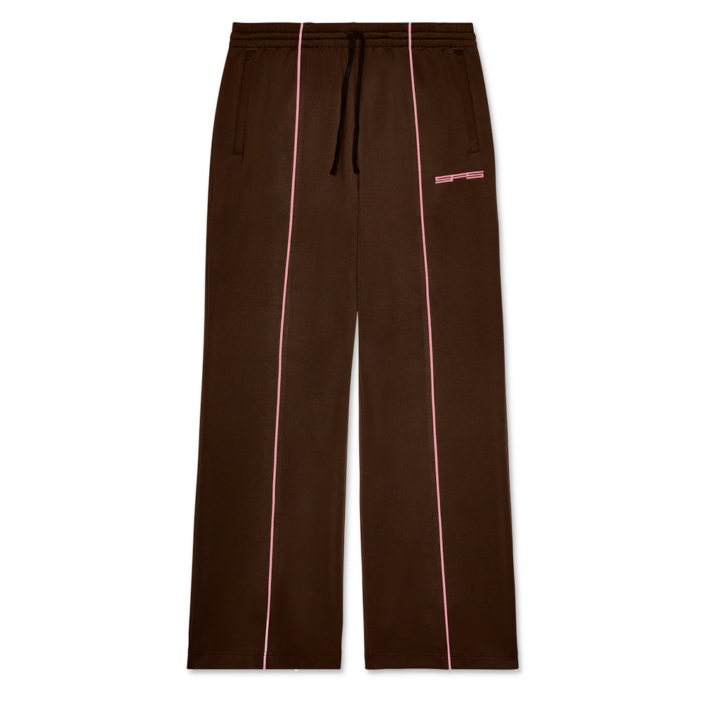 Brown poly blend wide leg track pant with elasticized waist, pink contrast piping, and SP5 logo.