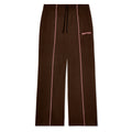 Brown poly blend wide leg track pant with elasticized waist, pink contrast piping, and SP5 logo.