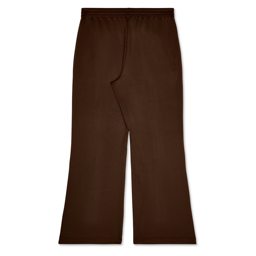 Brown poly blend G550 track pant with elasticized waistband and wide leg silhouette.